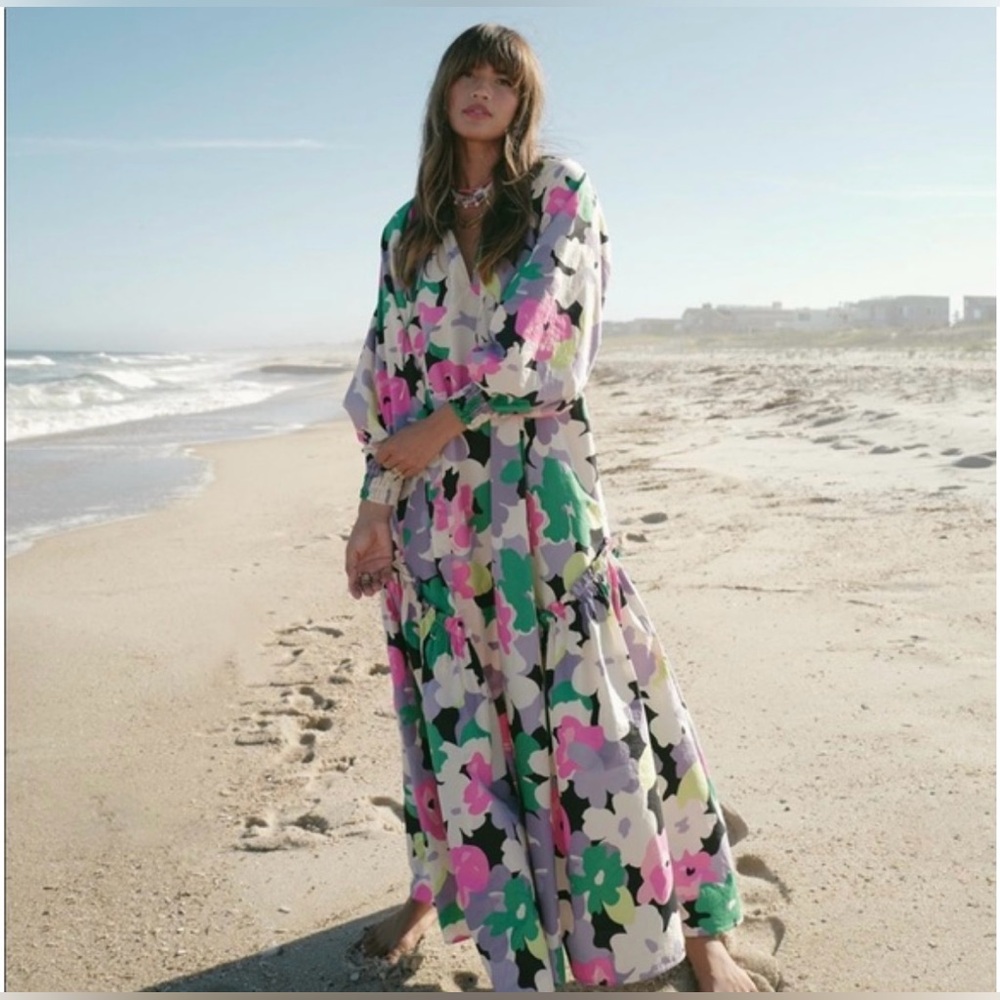H&M 100% Cotton Kaftan Dress multicolor floral oversized size medium - Picture 2 of 11